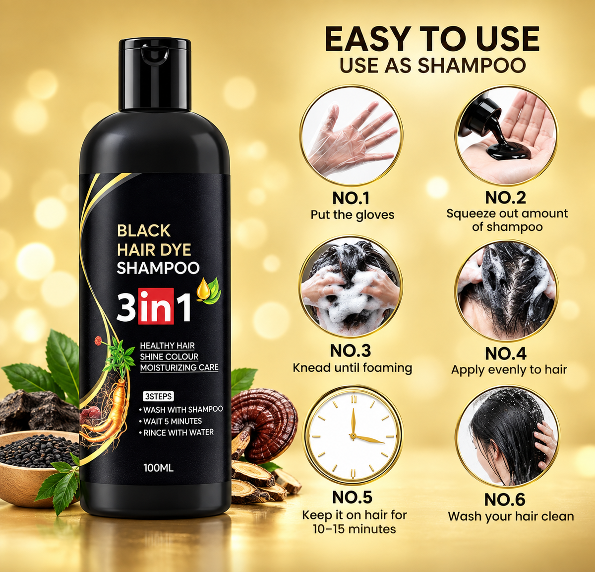 New 3 in 1 Dye Instant Black Hair Shampoo for Women & Men Organic Shampoo Herbal 3 in 1 Dye Instant Black 100% Coverage Hair color shampoo