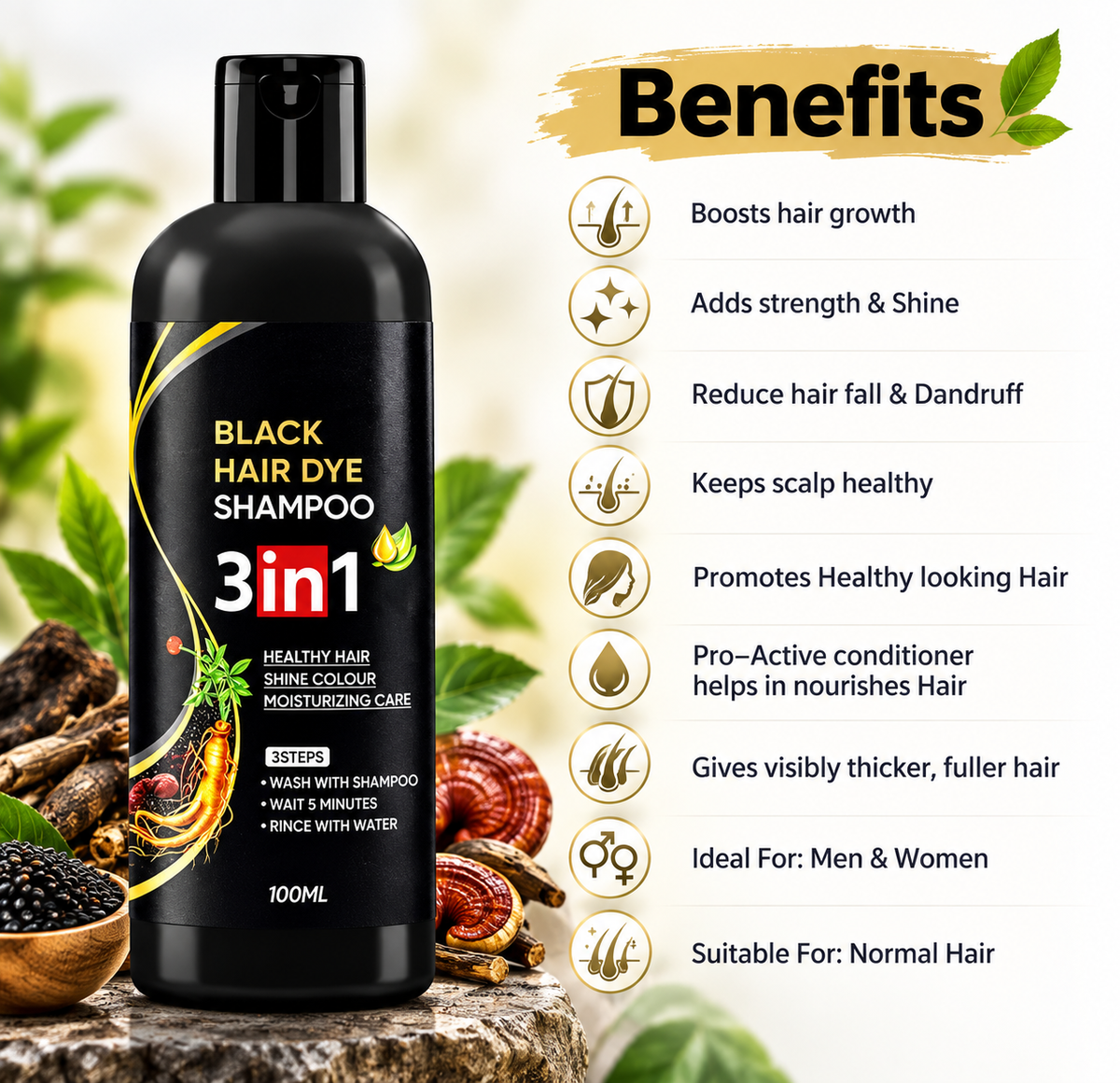 New 3 in 1 Dye Instant Black Hair Shampoo for Women & Men Organic Shampoo Herbal 3 in 1 Dye Instant Black 100% Coverage Hair color shampoo